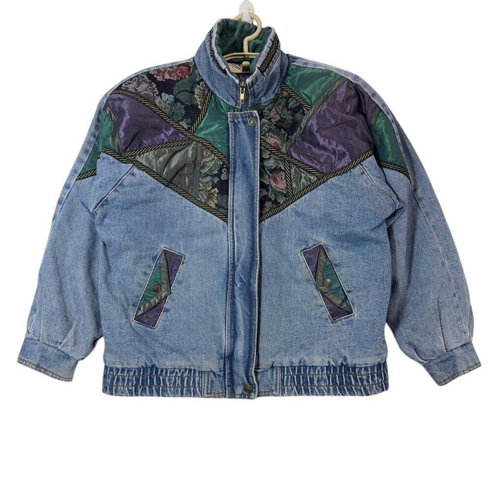 Vintage Current Seen Jacket Women Blue Patchwork Mock Neck Long Sleeve Size 14